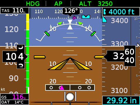 Captured primary flight display from the G5 simulator instrument